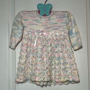 Handmade Knitted Pastel Multicolour Baby Dress , Size 0-6M Fairycore Whimsy Boho